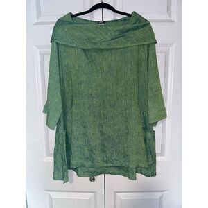Gump's San Francisco Women's Green Linen Tunic Top Medium 3/4 Sleeve Cowl Neck